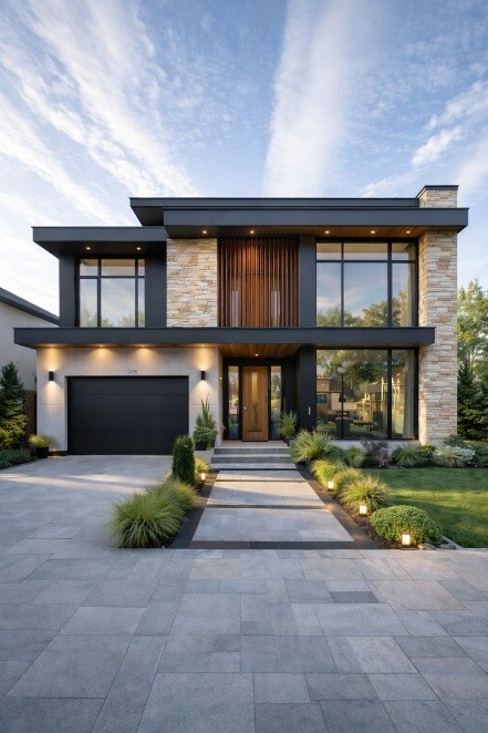 Modern dark-facade residence with stone accents