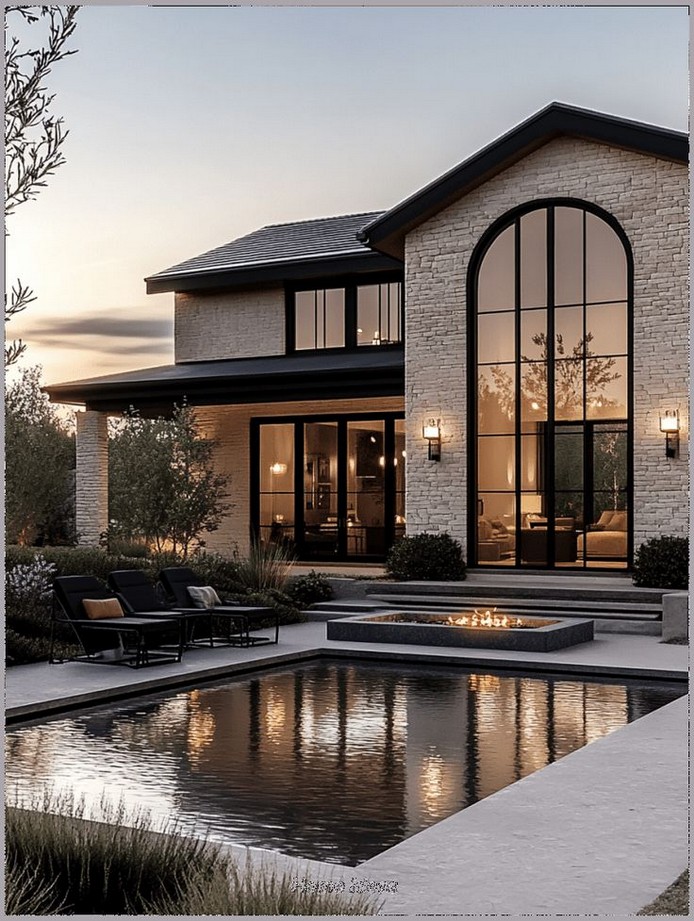 Modern luxury residence at dusk with arched window and reflecting pool
