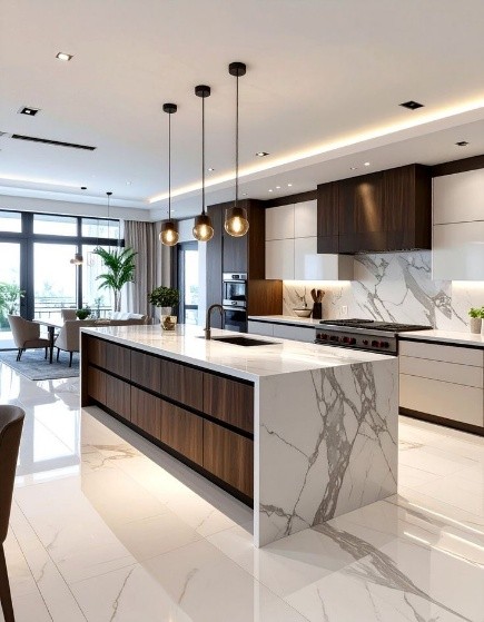 Luxury kitchen with marble island and mountain view