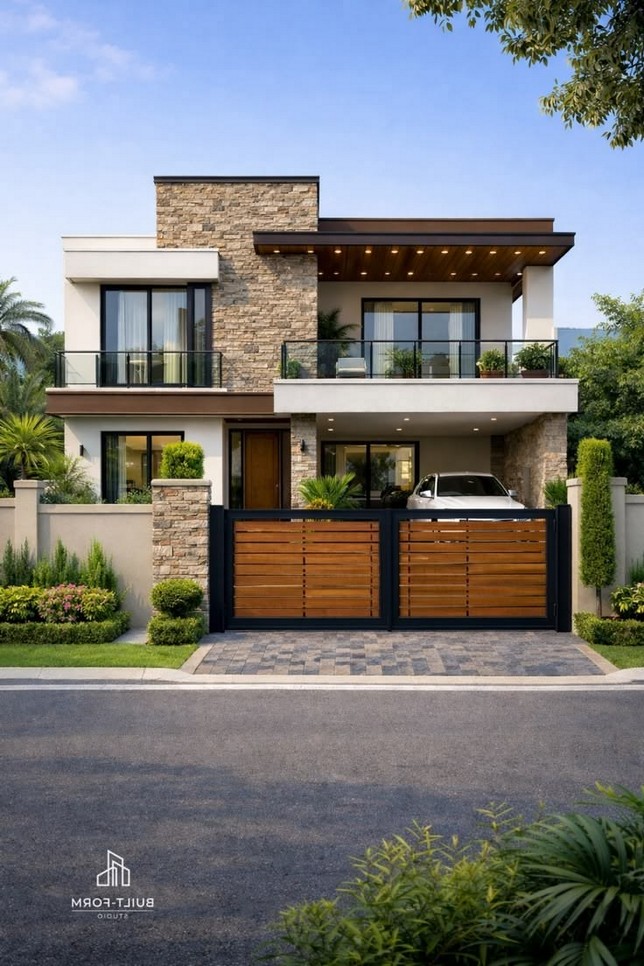Contemporary house with pool and arched window