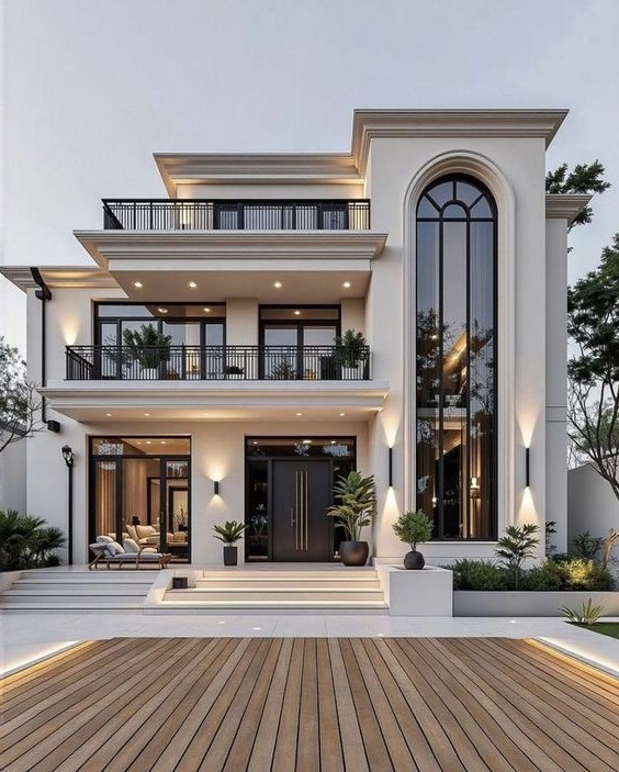 Modern white residence with multiple balconies