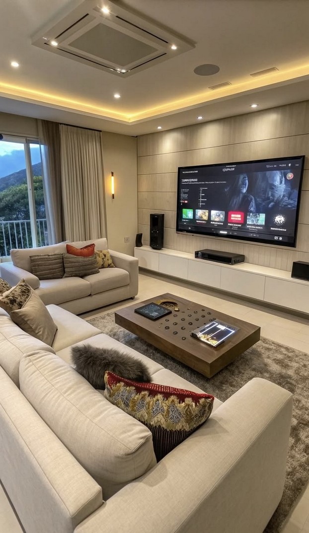 Contemporary living room with ambient lighting